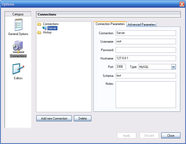 Options dialog: Connections