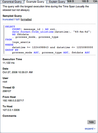 MySQL Enterprise Dashboard:
              クエリの「クエリ例」タブ