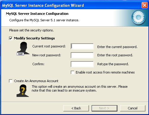 MySQL Server Instance Config Wizard:
                Security (Existing Installation)