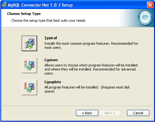 Connector/NET Windows Installer -
                Installation type 