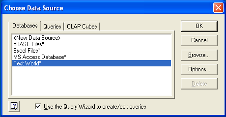 Microsoft Query, Choose Data
                Source