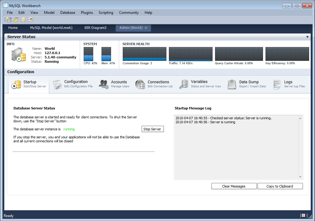 MySQL Workbench - Admin page